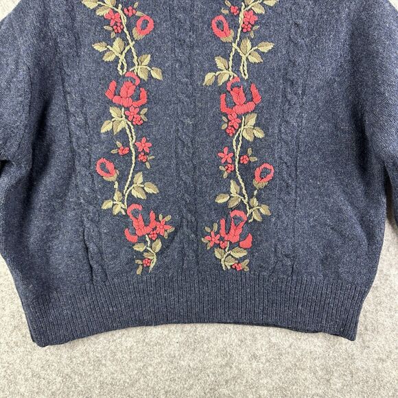 Meadows Filbert Knit Wool Sweater Womens 2 Blue Floral Embroidered Chunky Crop - Picture 3 of 12